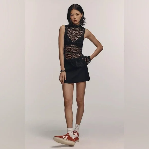 Maeve Smocked High-Neck Tiered Tank Top Black NWT - Picture 3 of 8